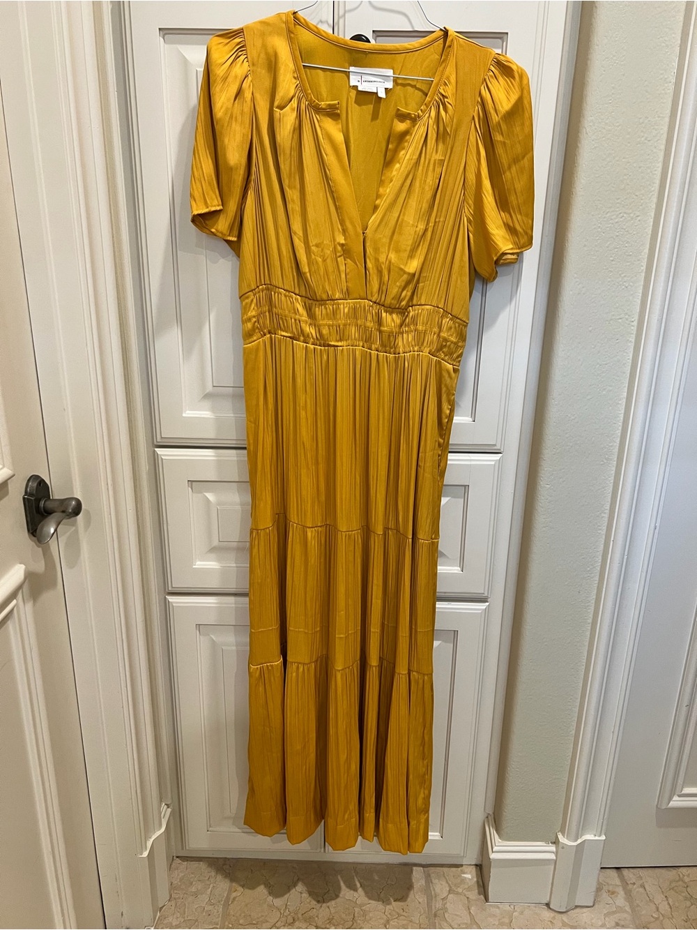 Anthropologie Gold V-Neck Tiered Maxi Dress